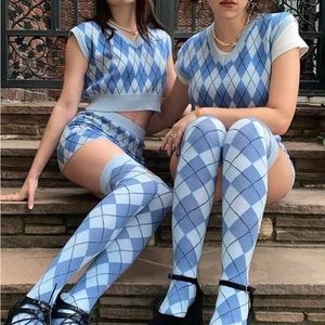 Niihai blue argyle vest and mini skirt set